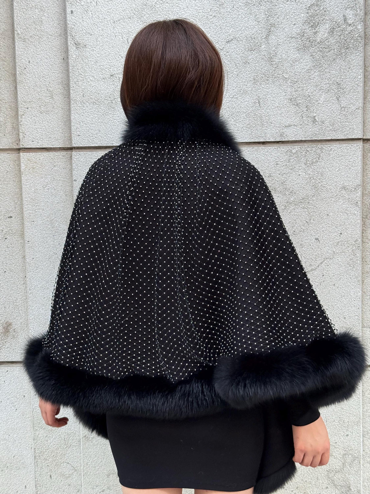 Black Cashmere Cape with Fox Fur Trim: Crystal Embellished Poncho