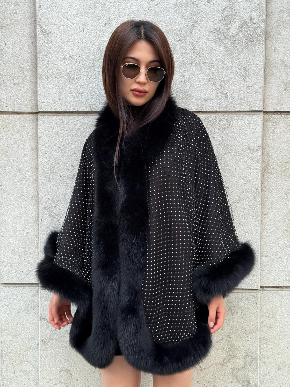 Black Cashmere Cape with Fox Fur Trim: Crystal Embellished Poncho