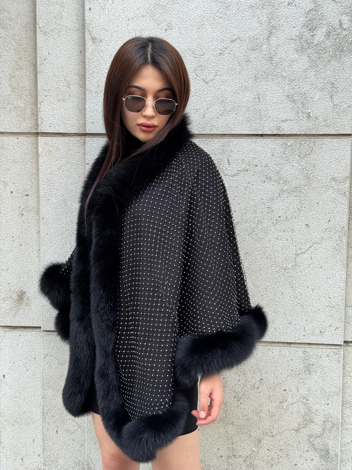 Black Cashmere Cape with Fox Fur Trim: Crystal Embellished Poncho