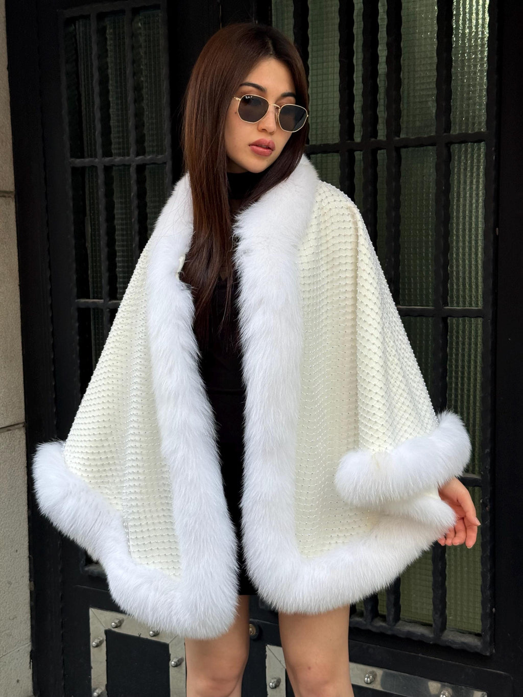 Crystal Embellished Fox Fur Bridal Poncho: Winter Wedding Cape