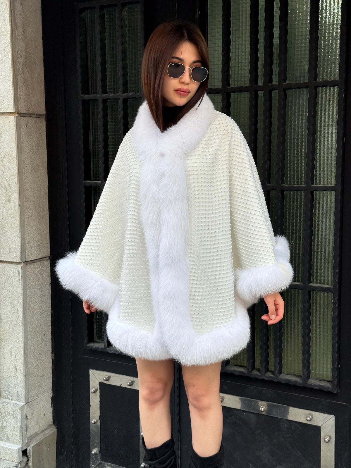 Crystal Embellished Fox Fur Bridal Poncho: Winter Wedding Cape