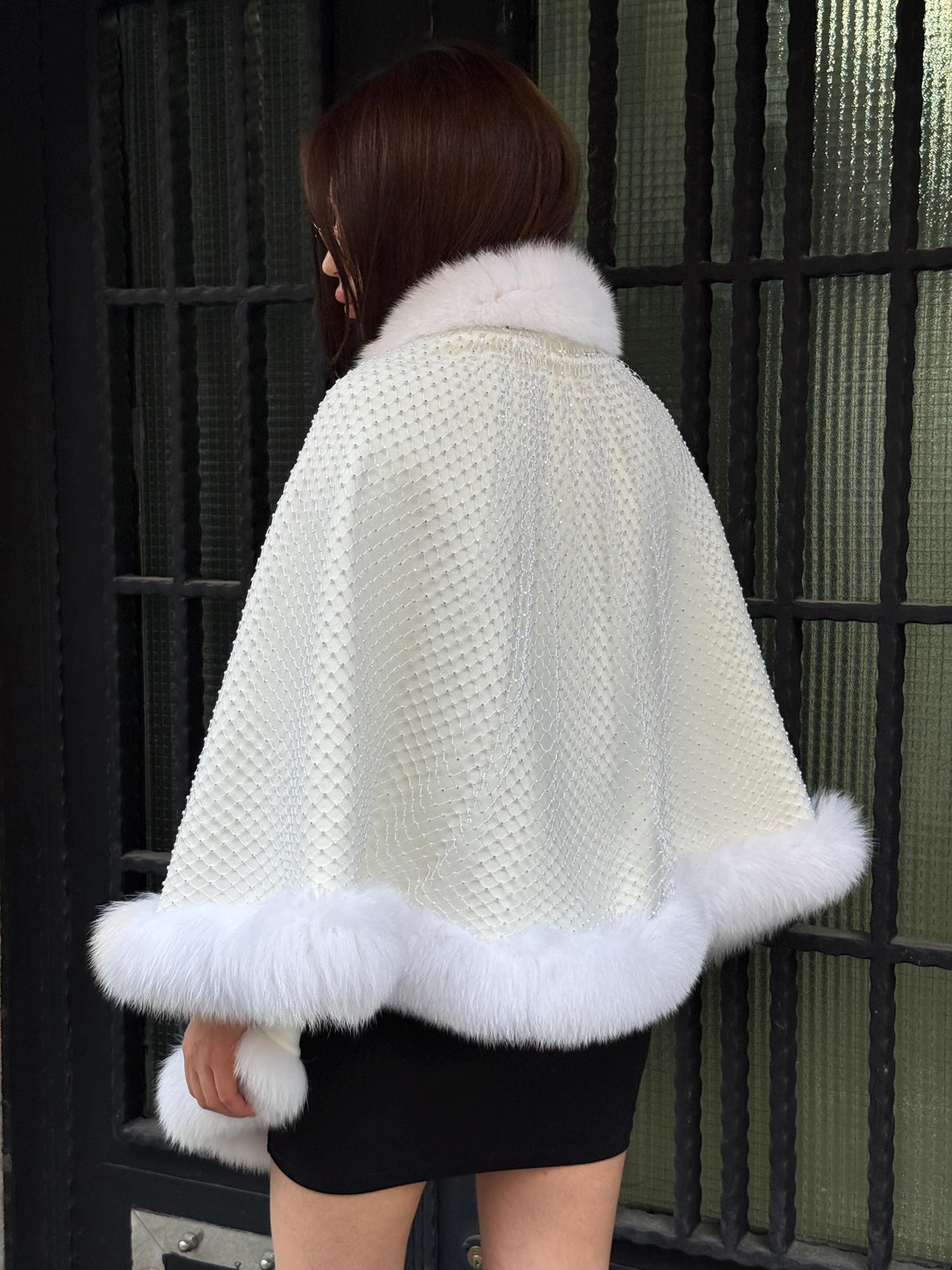 Crystal Embellished Fox Fur Bridal Poncho: Winter Wedding Cape