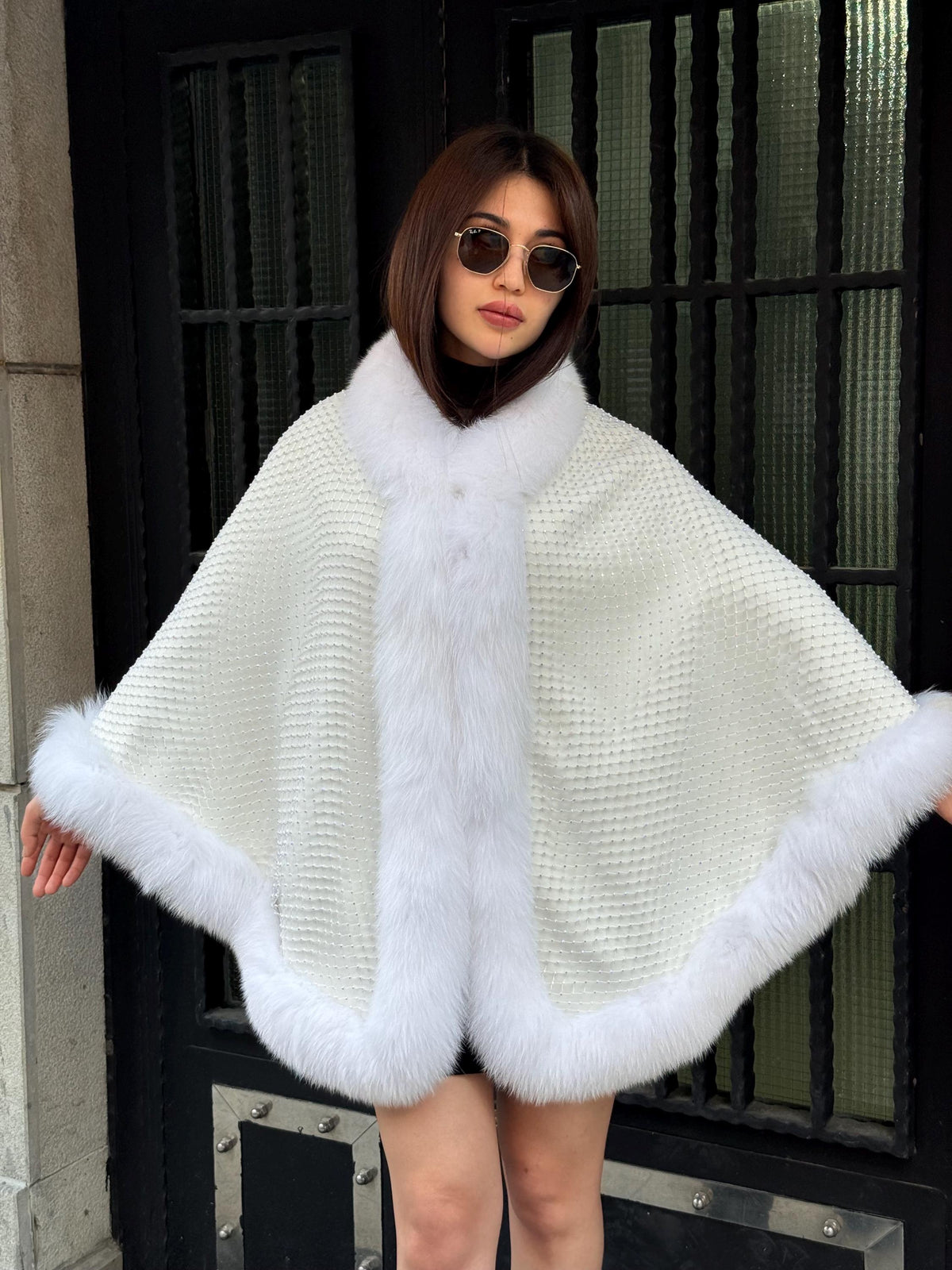 Crystal Embellished Fox Fur Bridal Poncho: Winter Wedding Cape