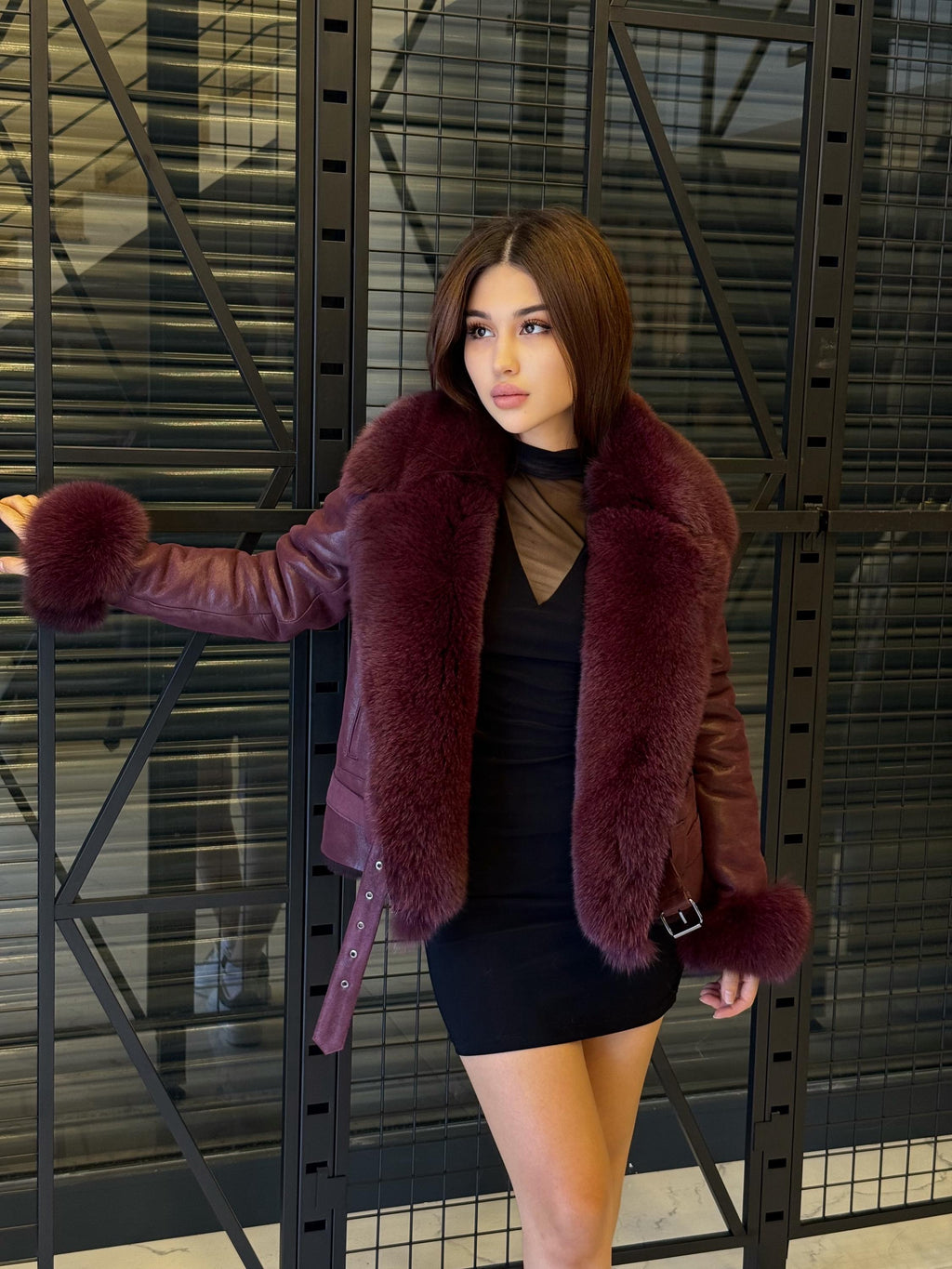 Women’s Burgundy Shearling Coat, Handmade Short Lambskin Front - Fox Fur Jacket