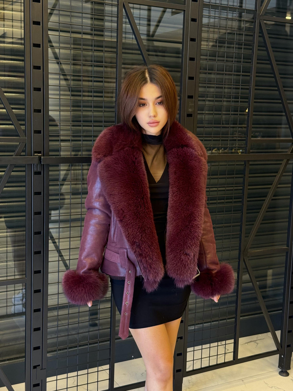 Women’s Burgundy Shearling Coat, Handmade Short Lambskin Front - Fox Fur Jacket