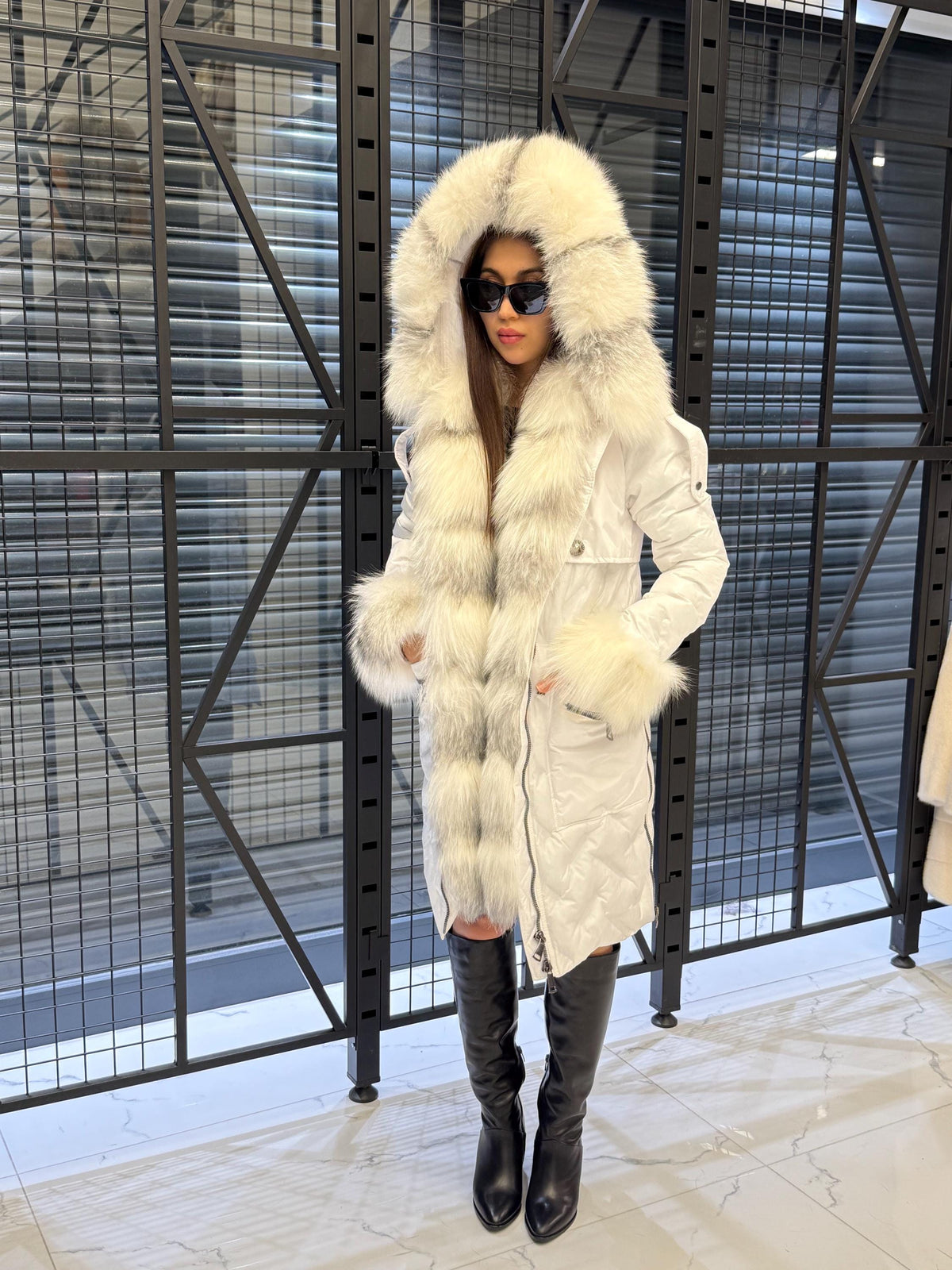 Women’s White Parka Puffer Coat with Removable Fur Trim | Hood Front Arctic Fox Fur Jacket