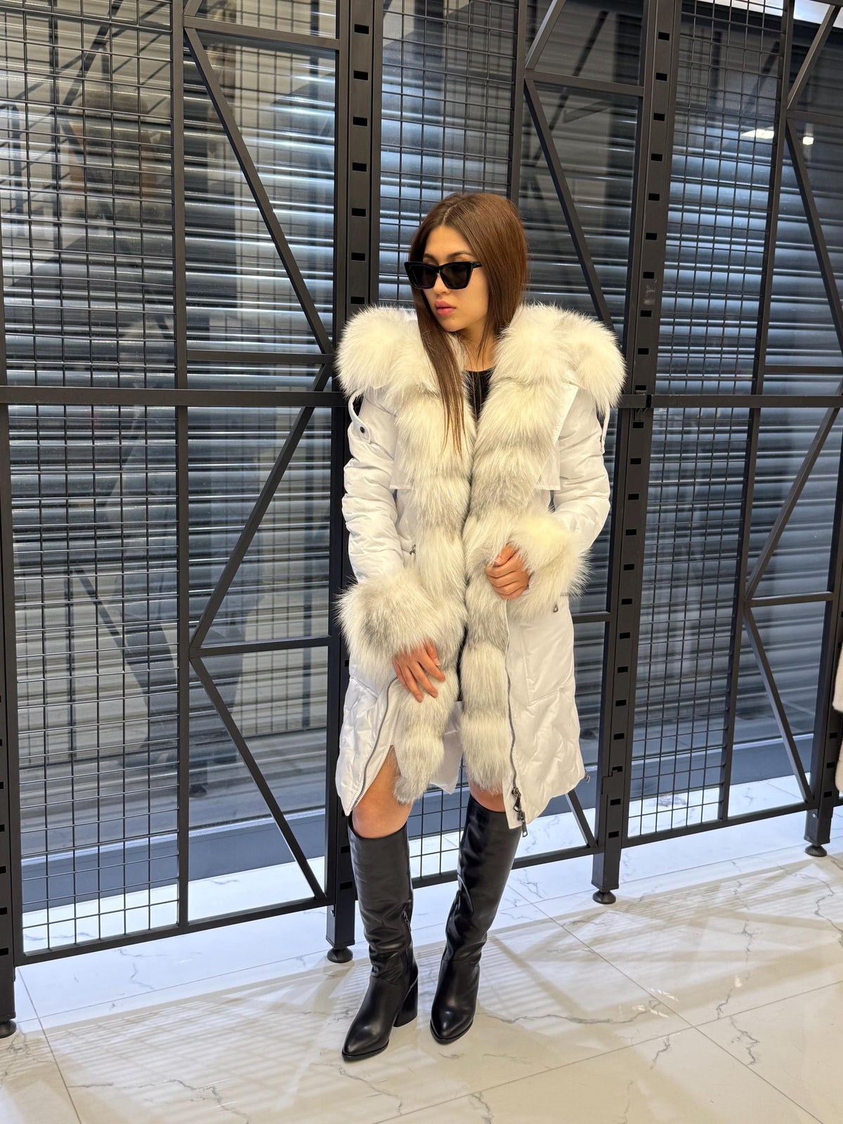 Women’s White Parka Puffer Coat with Removable Fur Trim | Hood Front Arctic Fox Fur Jacket