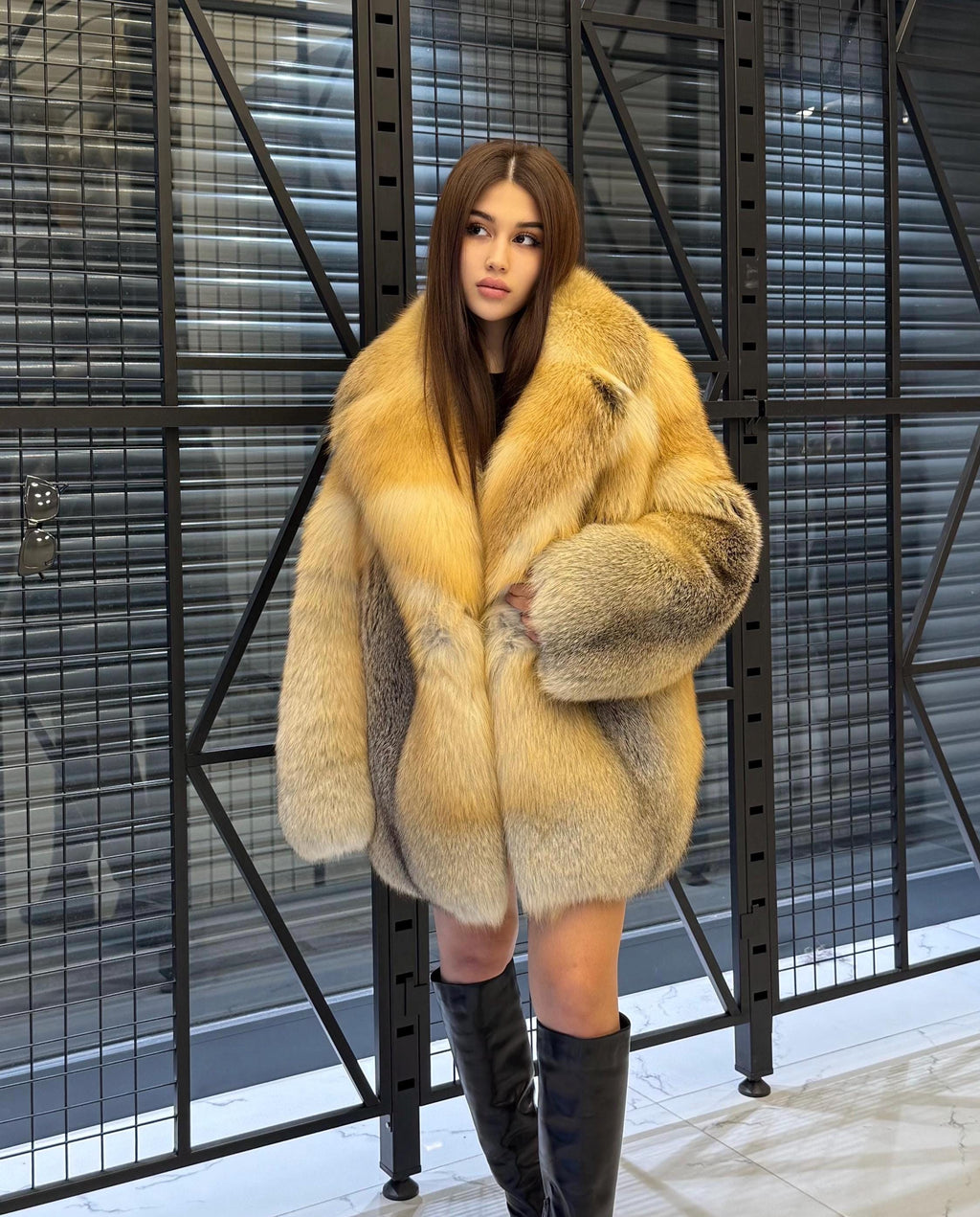 Unisex Gold Fox Fur Coat, Luxury Handmade Winter Fur Jacket