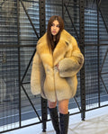 Unisex Gold Fox Fur Coat, Luxury Handmade Winter Fur Jacket