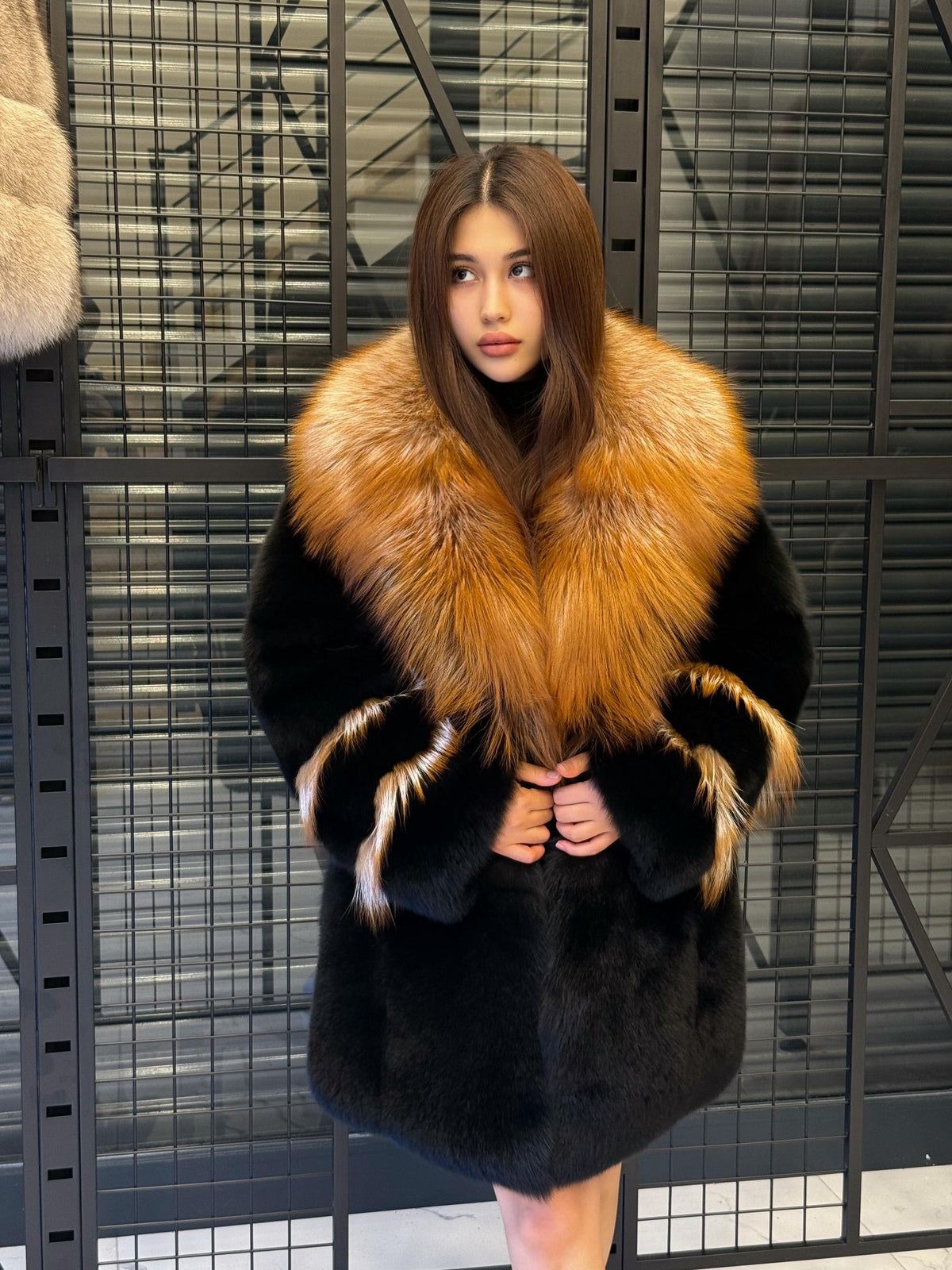 Handmade Black Fox Fur Coat: Golden Collar Luxury Winter Jacket