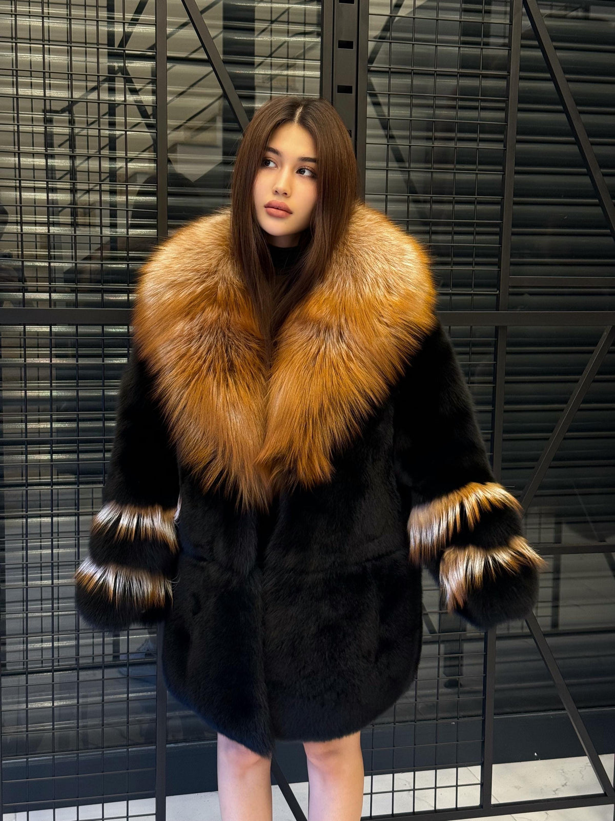 Handmade Black Fox Fur Coat: Golden Collar Luxury Winter Jacket