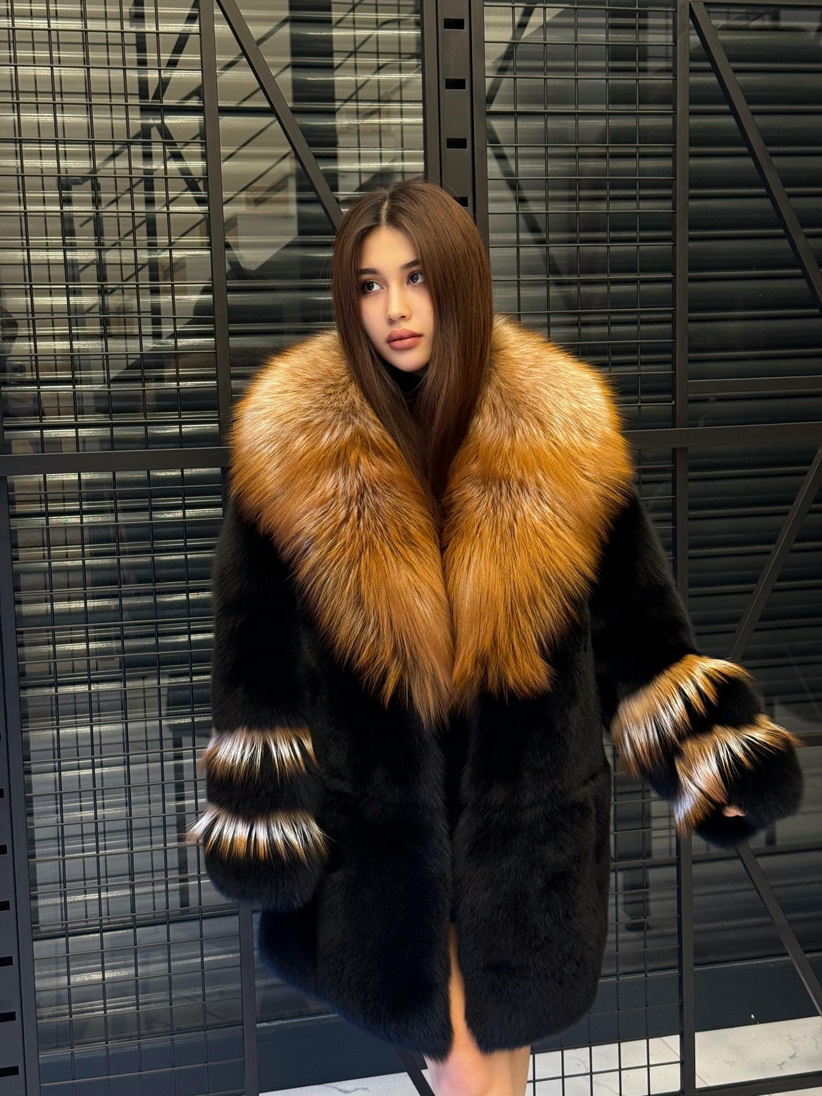 Handmade Black Fox Fur Coat: Golden Collar Luxury Winter Jacket