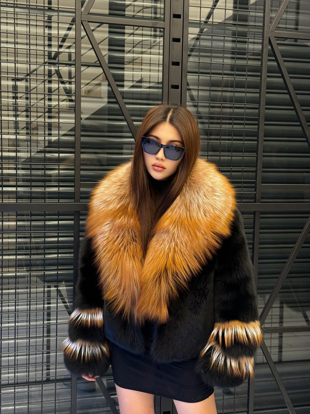 Handmade Black Fox Fur Coat: Golden Collar Luxury Winter Jacket