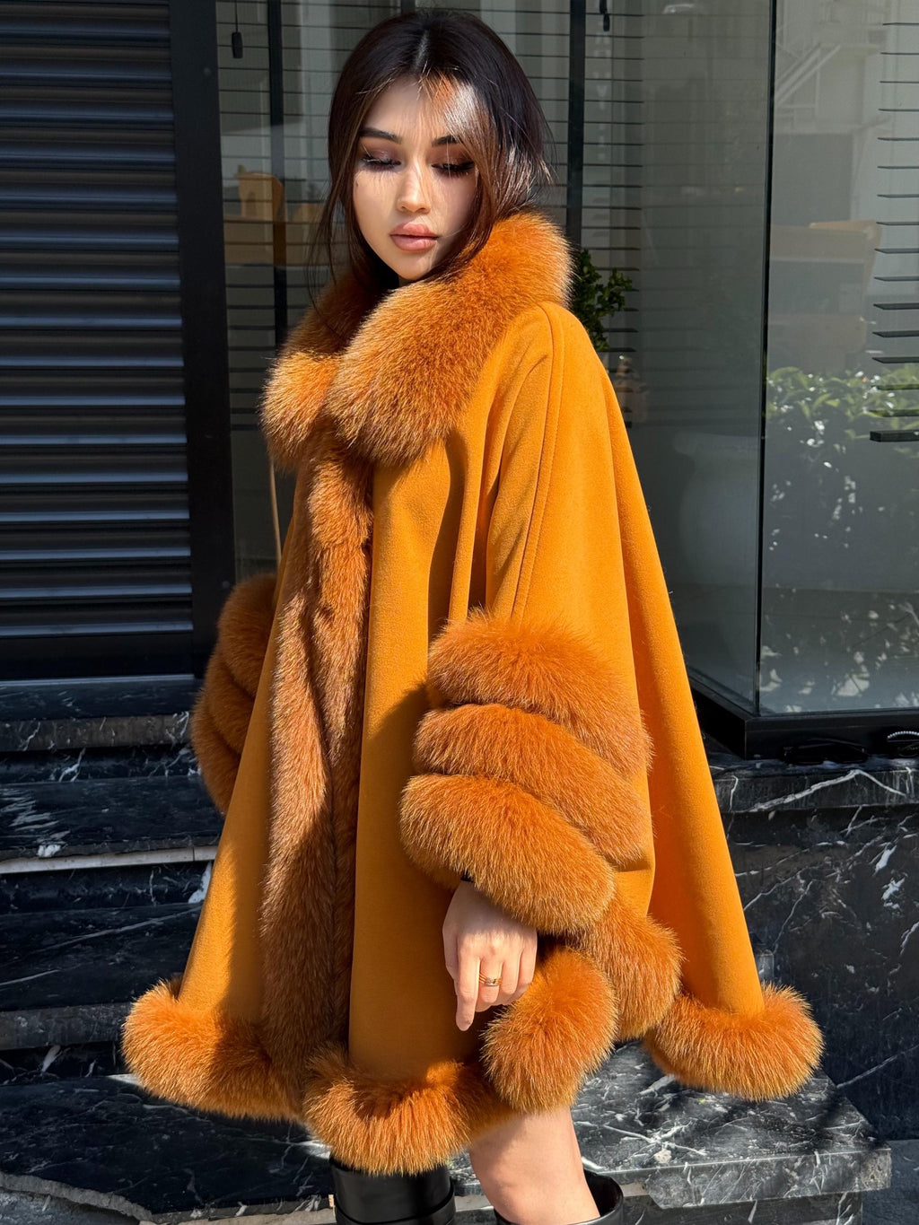 Mustard Cashmere Cape with Fox Fur Trim: Handmade Luxury Winter Shawl. Fox fur Jacket. Fox Fur shawl . Fox Fur Cape