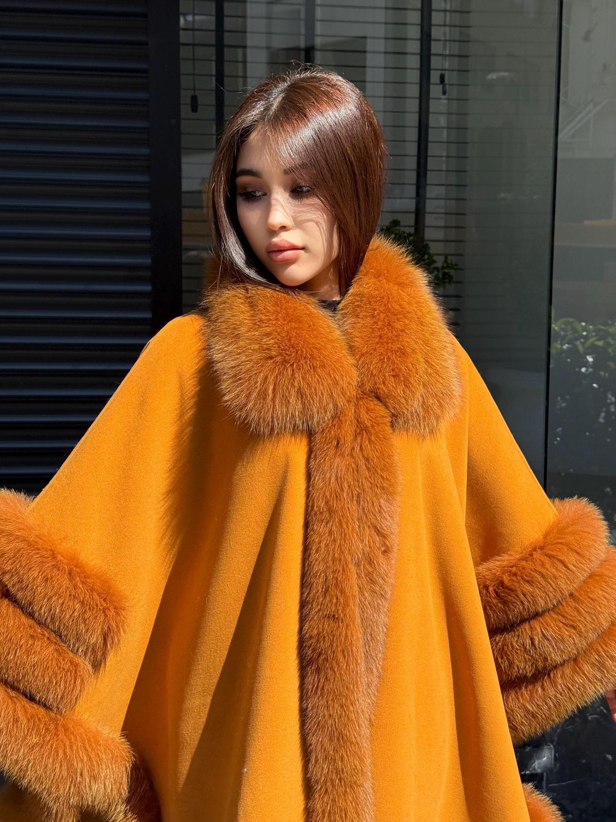 Mustard Cashmere Cape with Fox Fur Trim: Handmade Luxury Winter Shawl. Fox fur Jacket. Fox Fur shawl . Fox Fur Cape