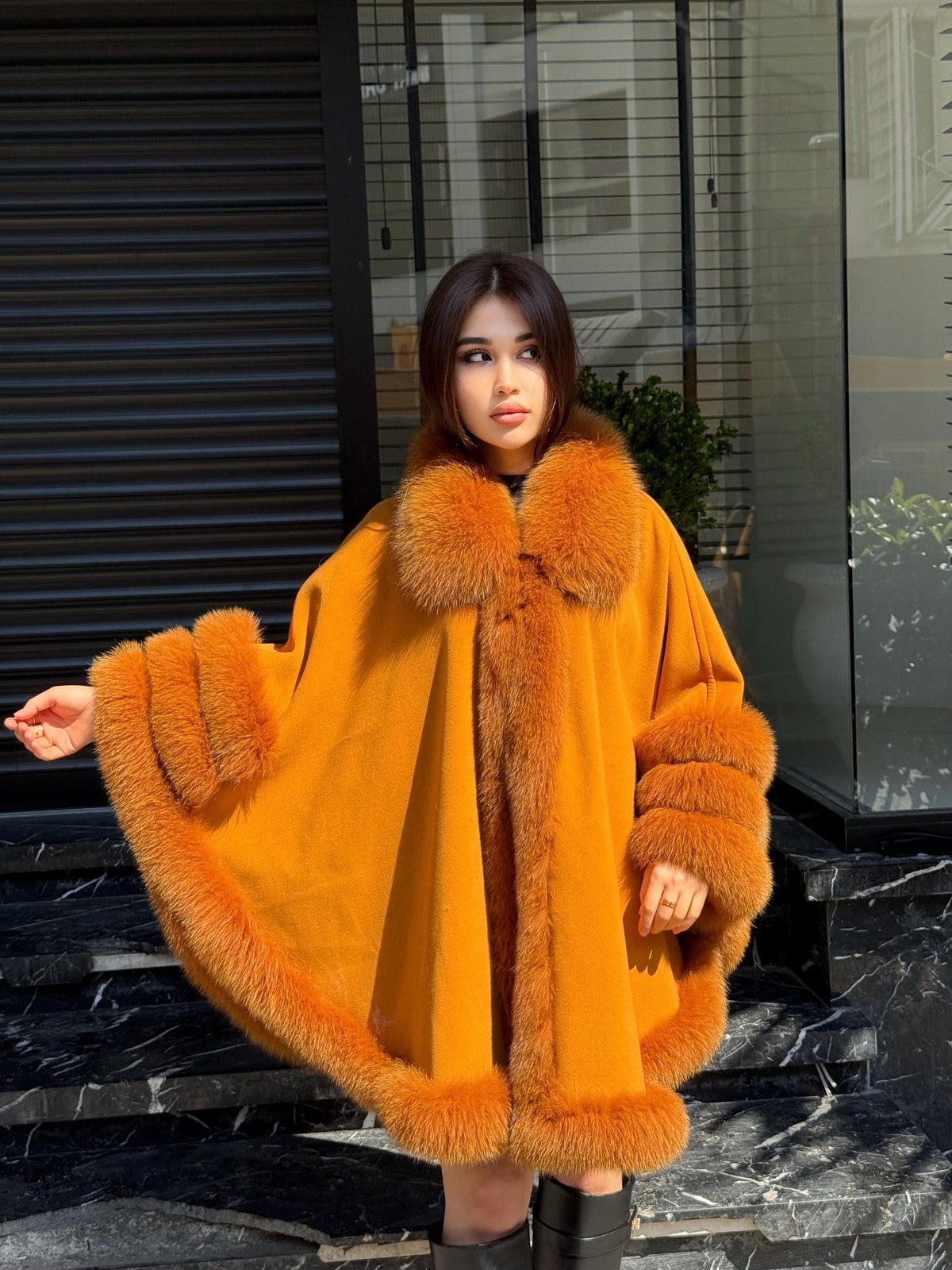 Mustard Cashmere Cape with Fox Fur Trim: Handmade Luxury Winter Shawl. Fox fur Jacket. Fox Fur shawl . Fox Fur Cape