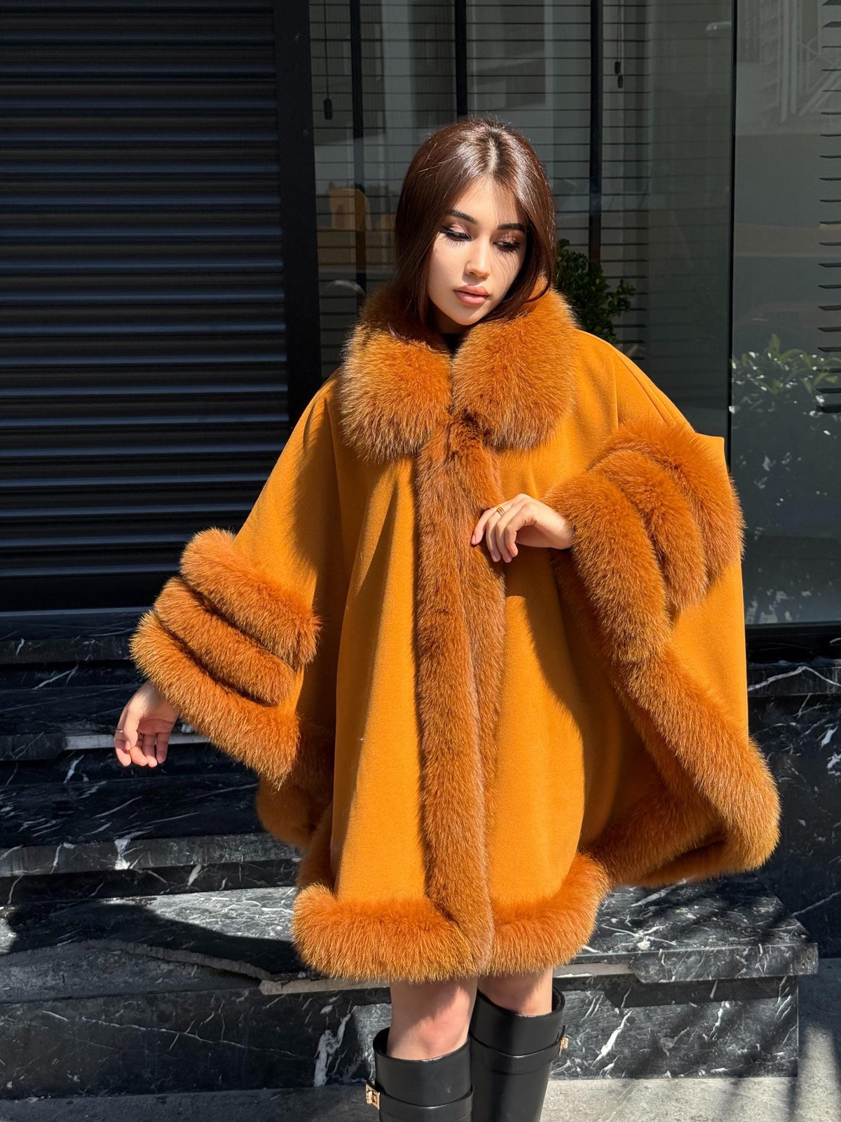 Mustard Cashmere Cape with Fox Fur Trim: Handmade Luxury Winter Shawl. Fox fur Jacket. Fox Fur shawl . Fox Fur Cape