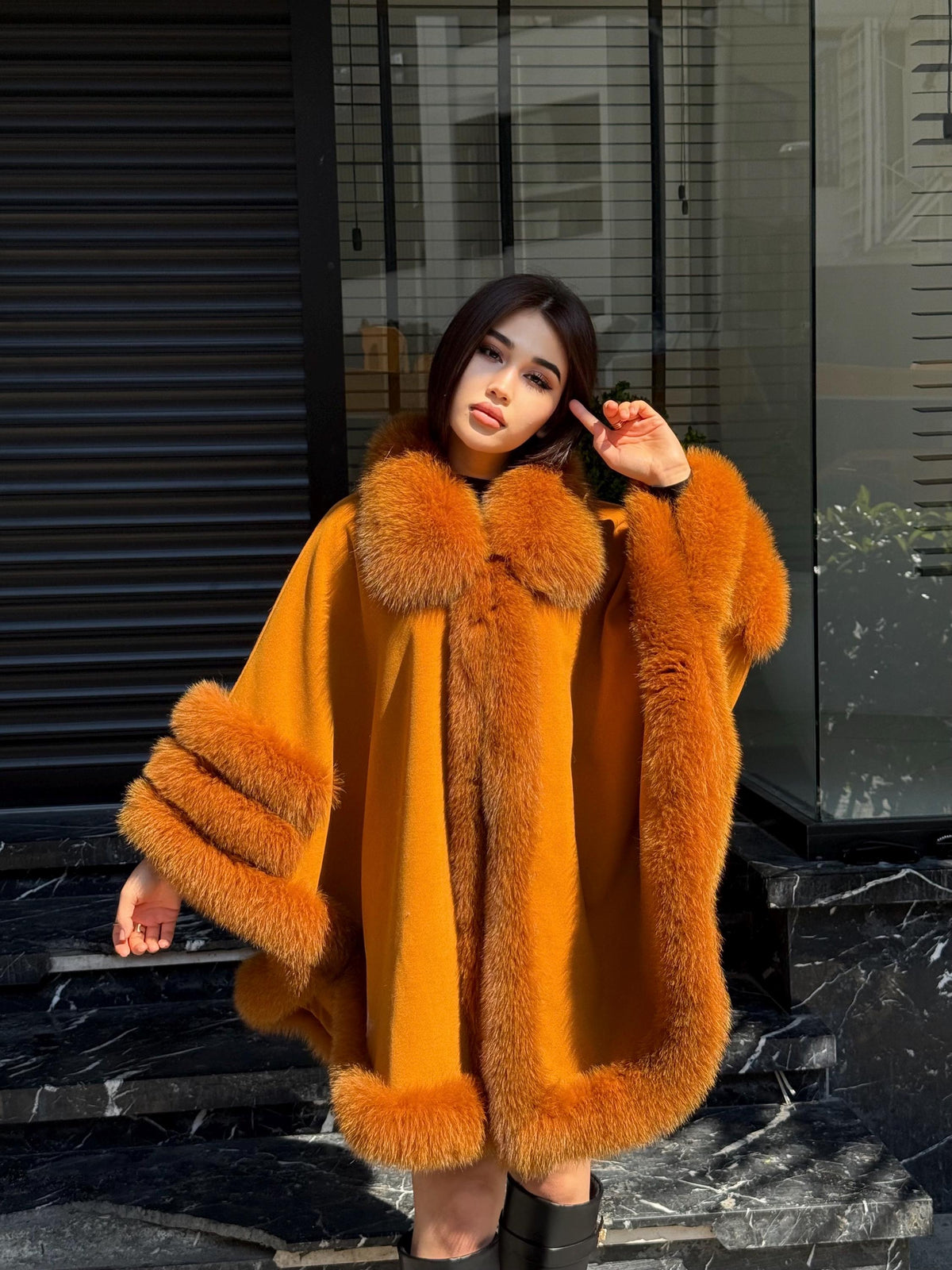 Mustard Cashmere Cape with Fox Fur Trim: Handmade Luxury Winter Shawl. Fox fur Jacket. Fox Fur shawl . Fox Fur Cape
