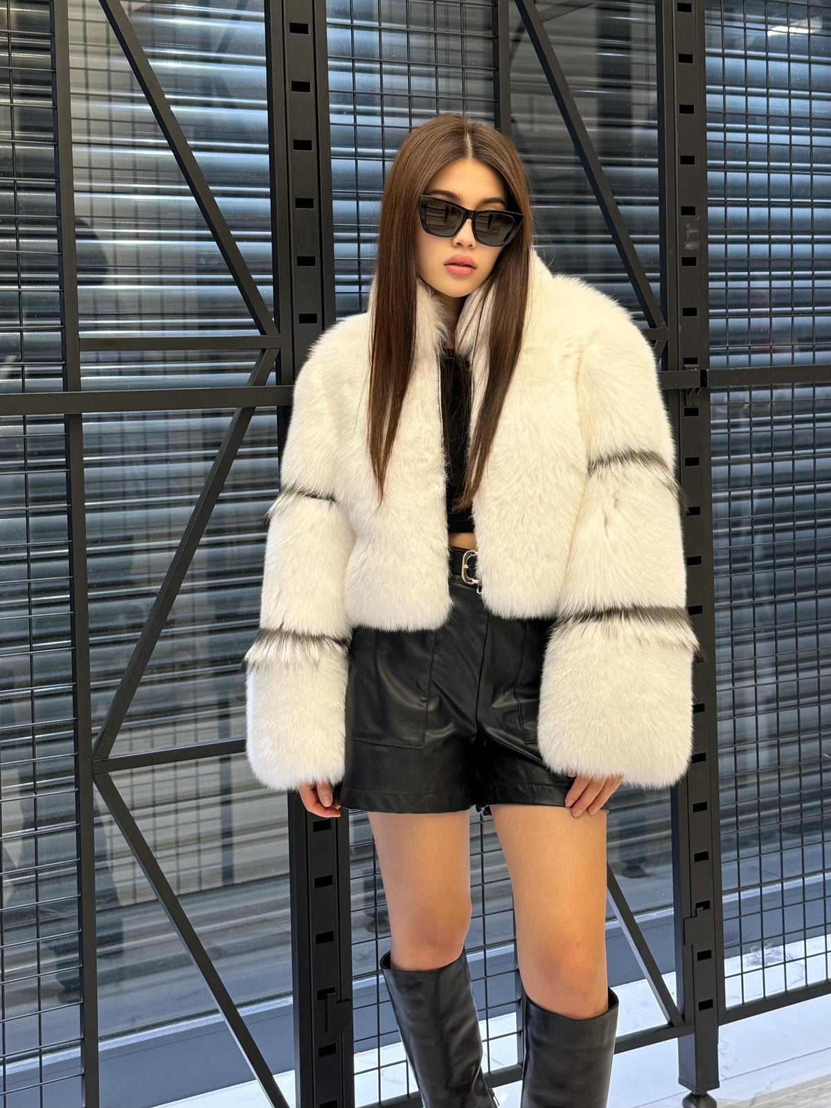 Shadow White Fox Fur Jacket, Women’s Handmade Short Cropped Fur Coat