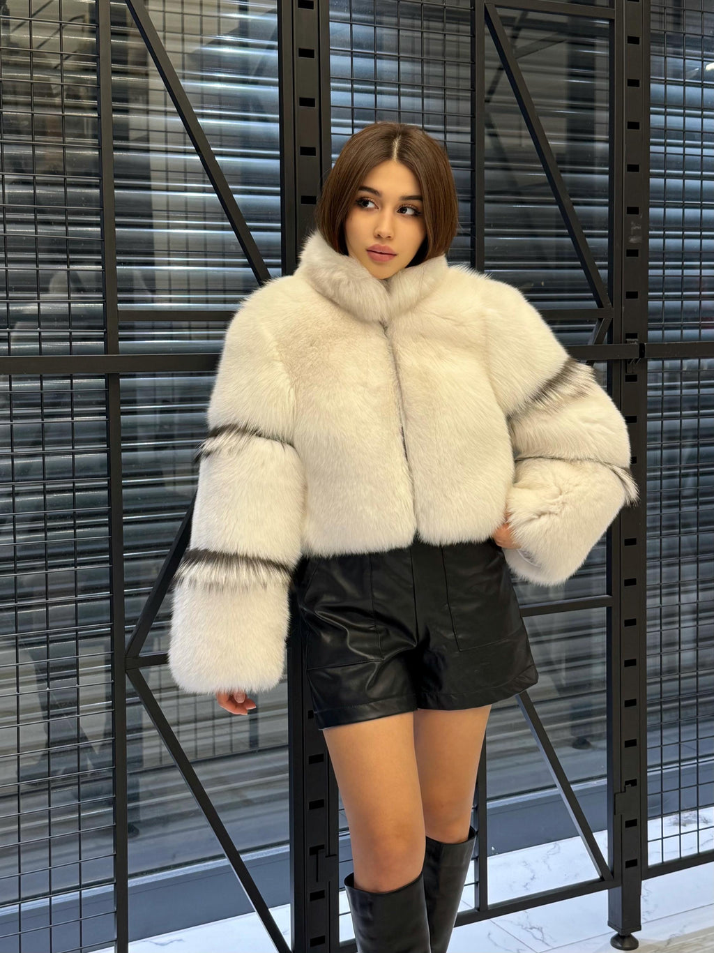 Shadow White Fox Fur Jacket, Women’s Handmade Short Cropped Fur Coat