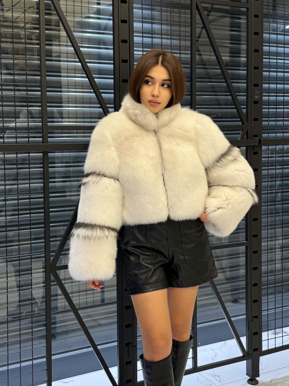 Shadow White Fox Fur Jacket, Women’s Handmade Short Cropped Fur Coat