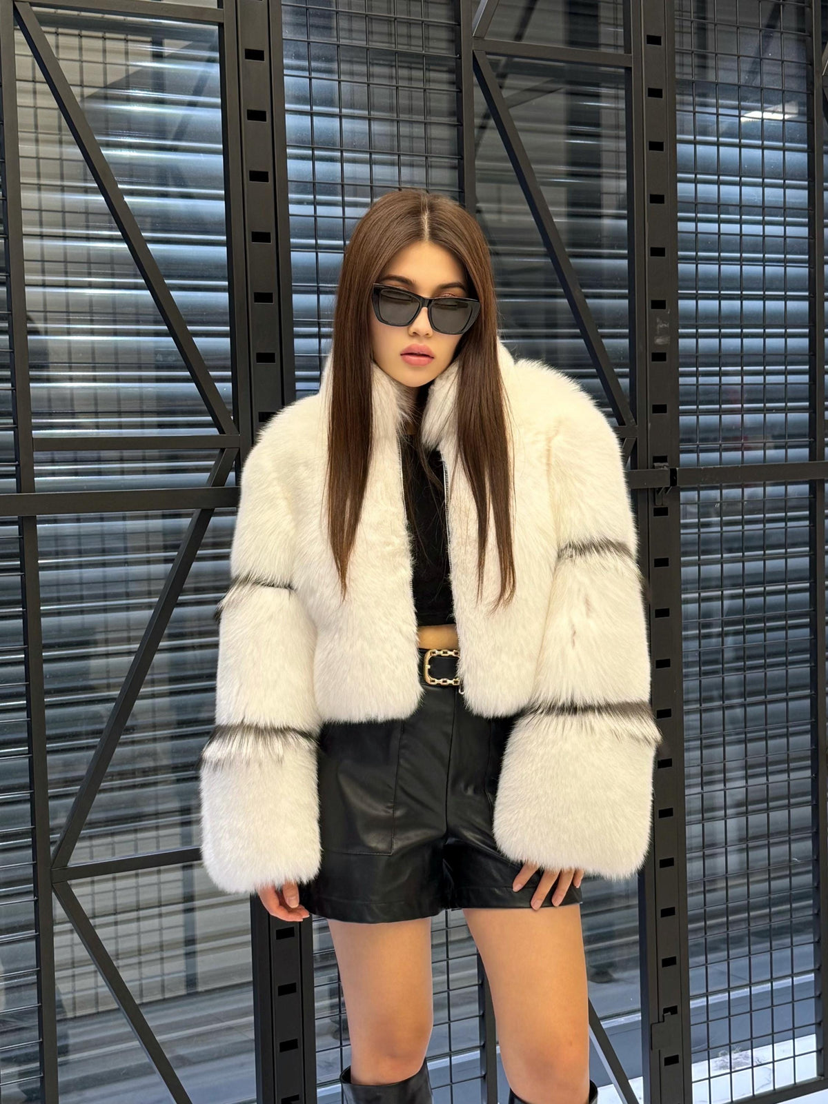 Shadow White Fox Fur Jacket, Women’s Handmade Short Cropped Fur Coat