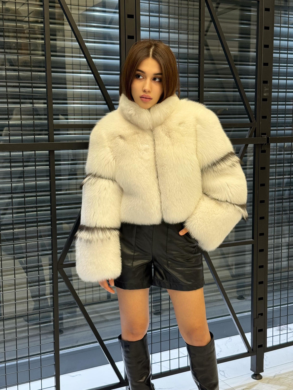 Shadow White Fox Fur Jacket, Women’s Handmade Short Cropped Fur Coat