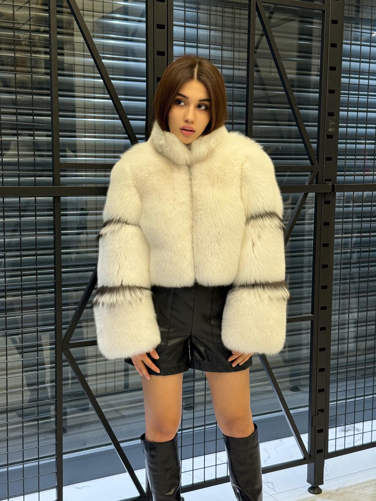 Shadow White Fox Fur Jacket, Women’s Handmade Short Cropped Fur Coat