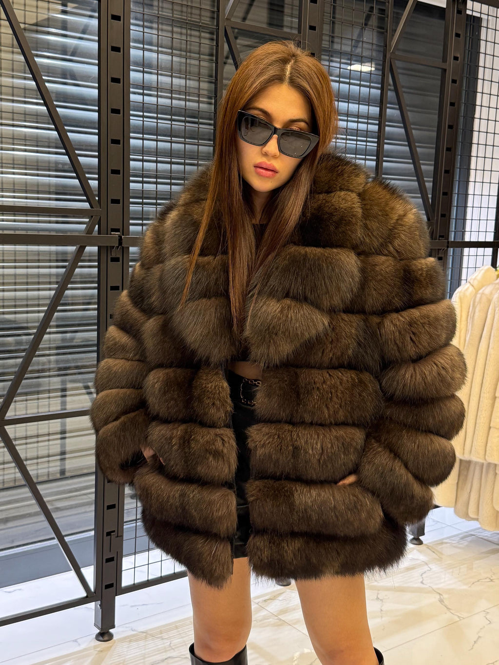 Brown Fox Fur Jacket, Limited Edition Sable Color Fur Coat For Women