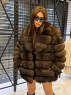 Brown Fox Fur Jacket, Limited Edition Sable Color Fur Coat For Women