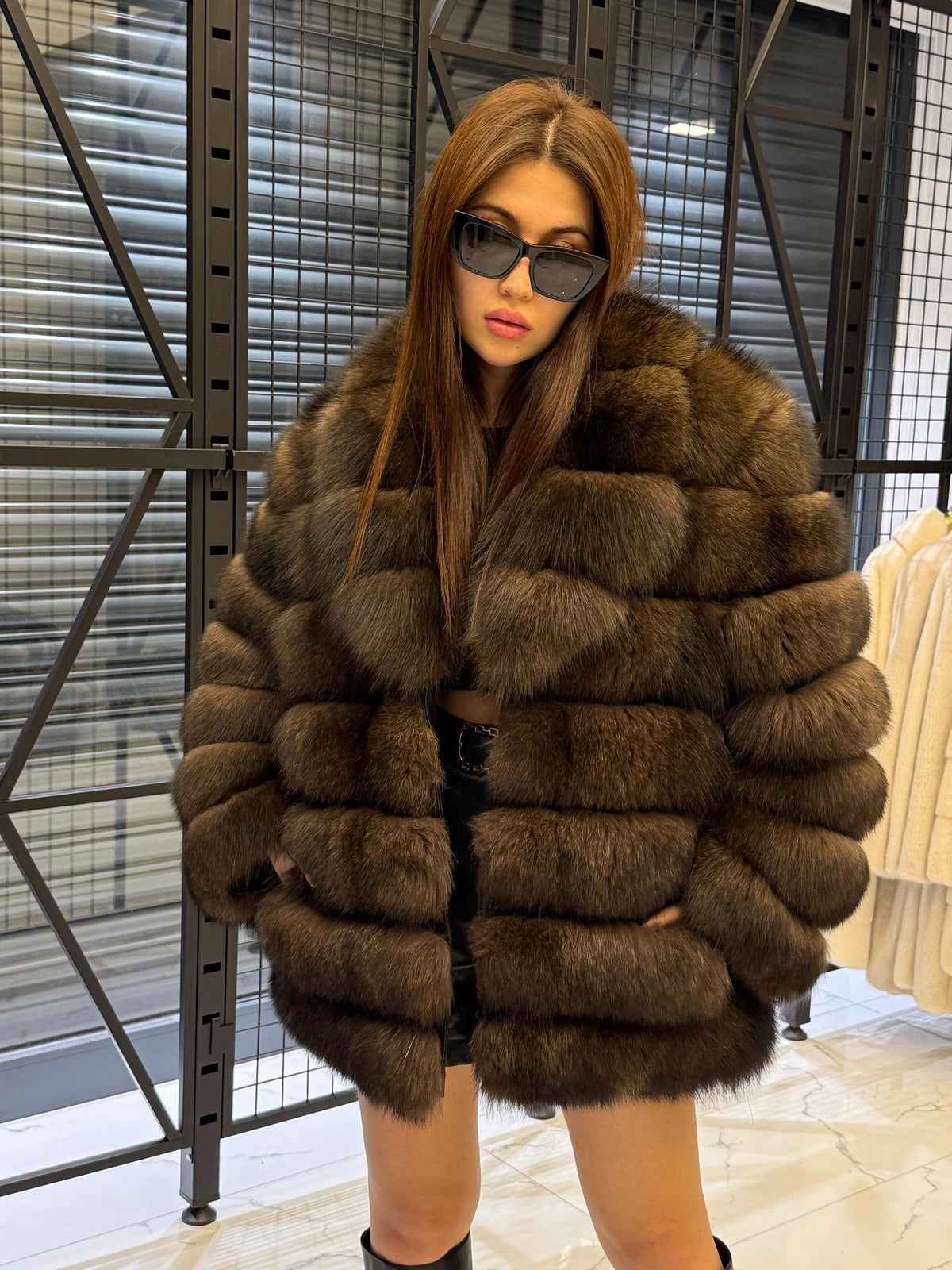 Brown Fox Fur Jacket, Limited Edition Sable Color Fur Coat For Women