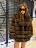 Brown Fox Fur Jacket, Limited Edition Sable Color Fur Coat For Women