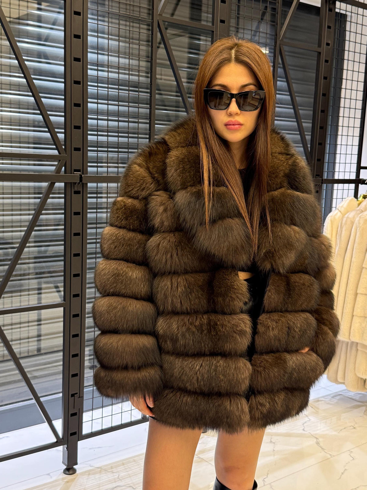 Brown Fox Fur Jacket, Limited Edition Sable Color Fur Coat For Women