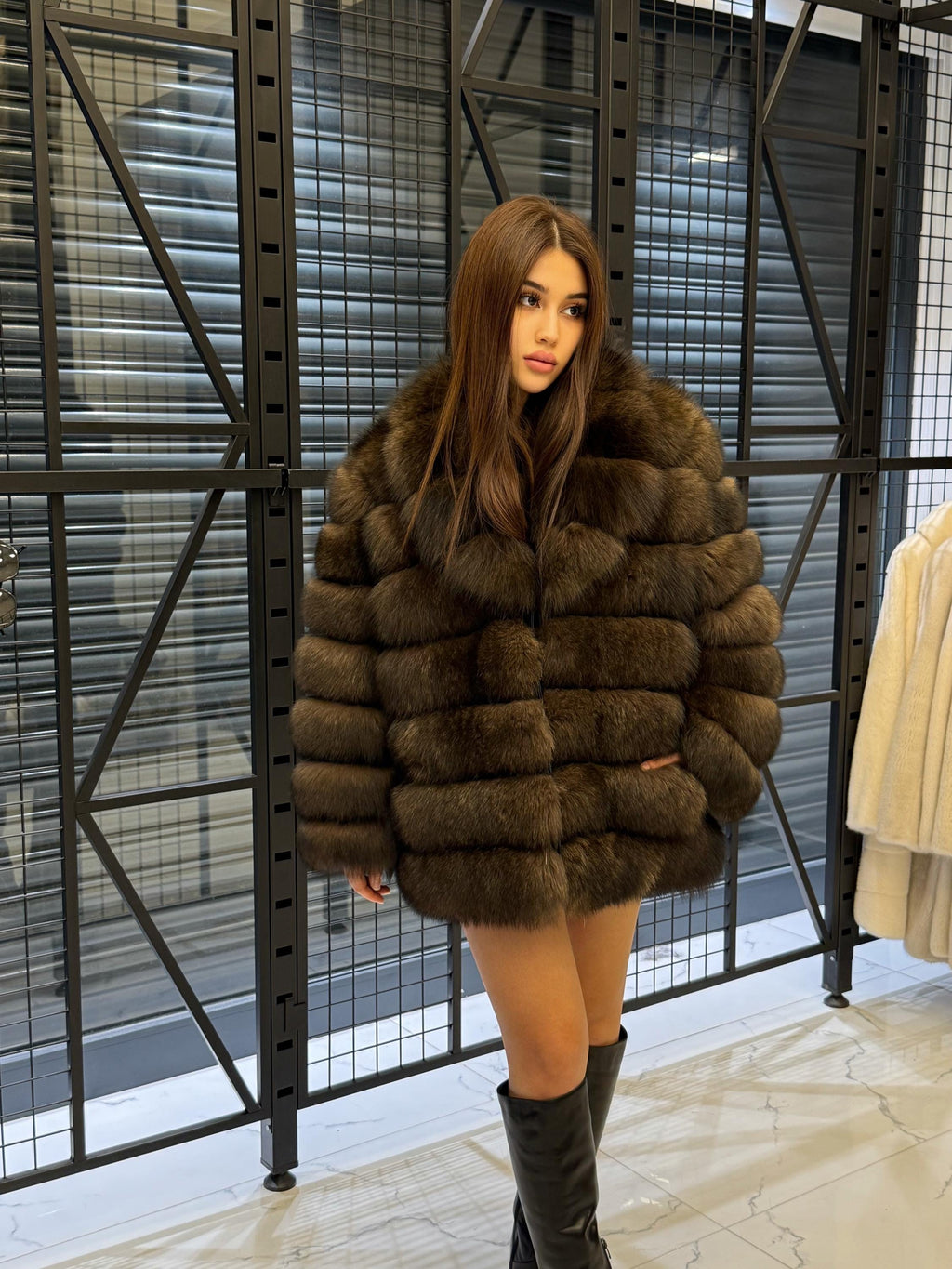 Brown Fox Fur Jacket, Limited Edition Sable Color Fur Coat For Women
