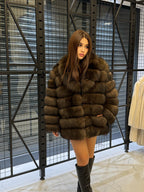 Brown Fox Fur Jacket, Limited Edition Sable Color Fur Coat For Women