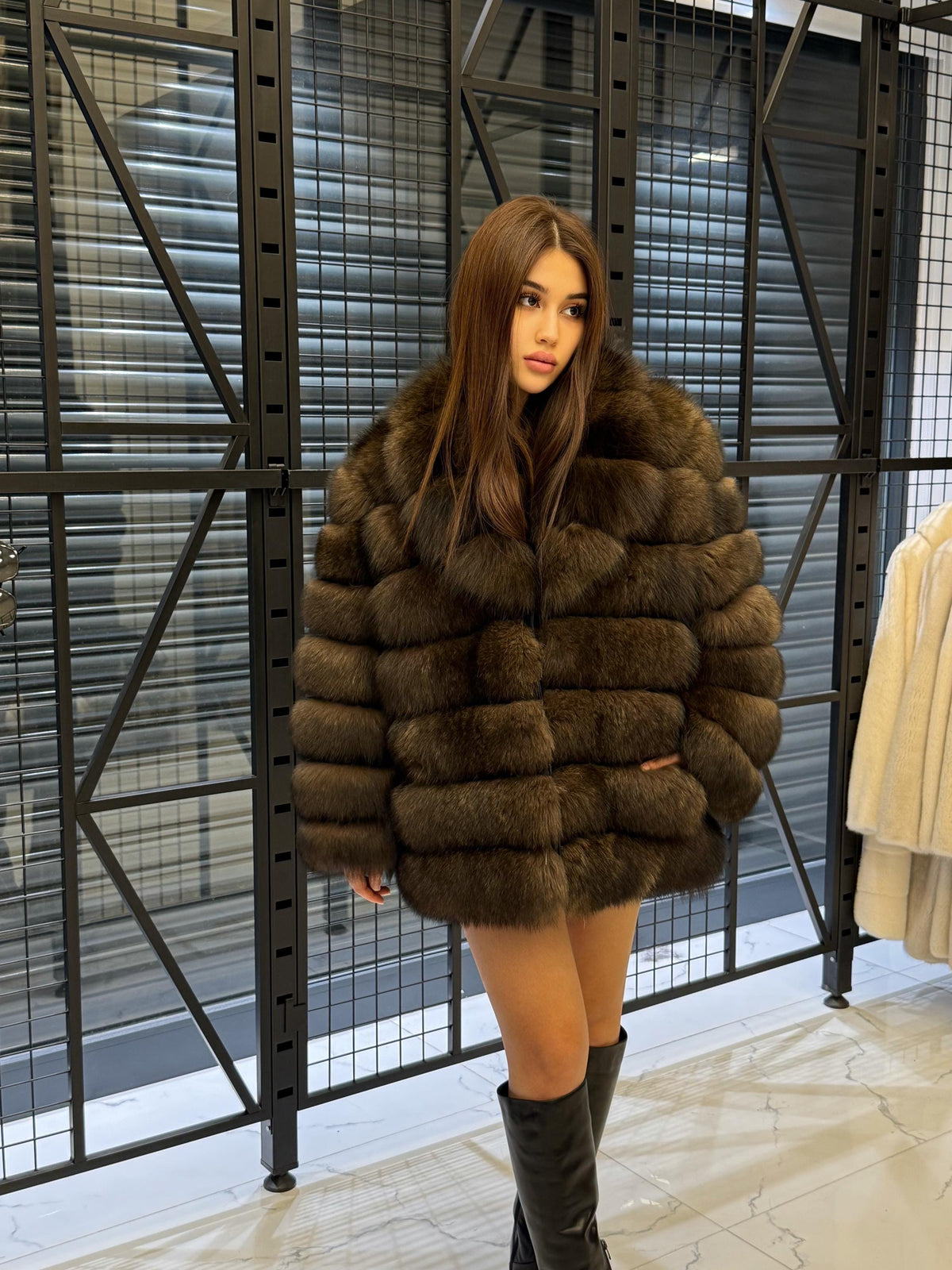Brown Fox Fur Jacket, Limited Edition Sable Color Fur Coat For Women