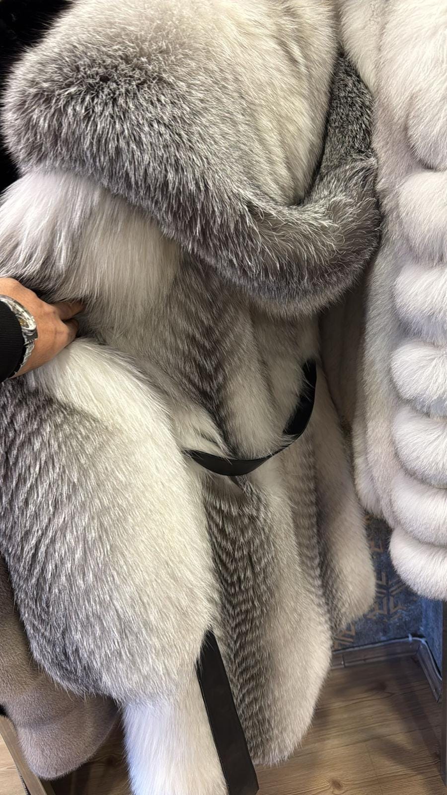 White Long Frost Fox Fur Coat With Hood, Handmade Women Fur Winter Jacket