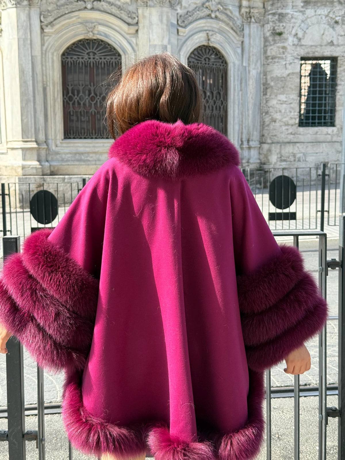 Burgundy Cashmere Cape with Fox Fur Trim: Handmade Luxury Winter Wool Shawl