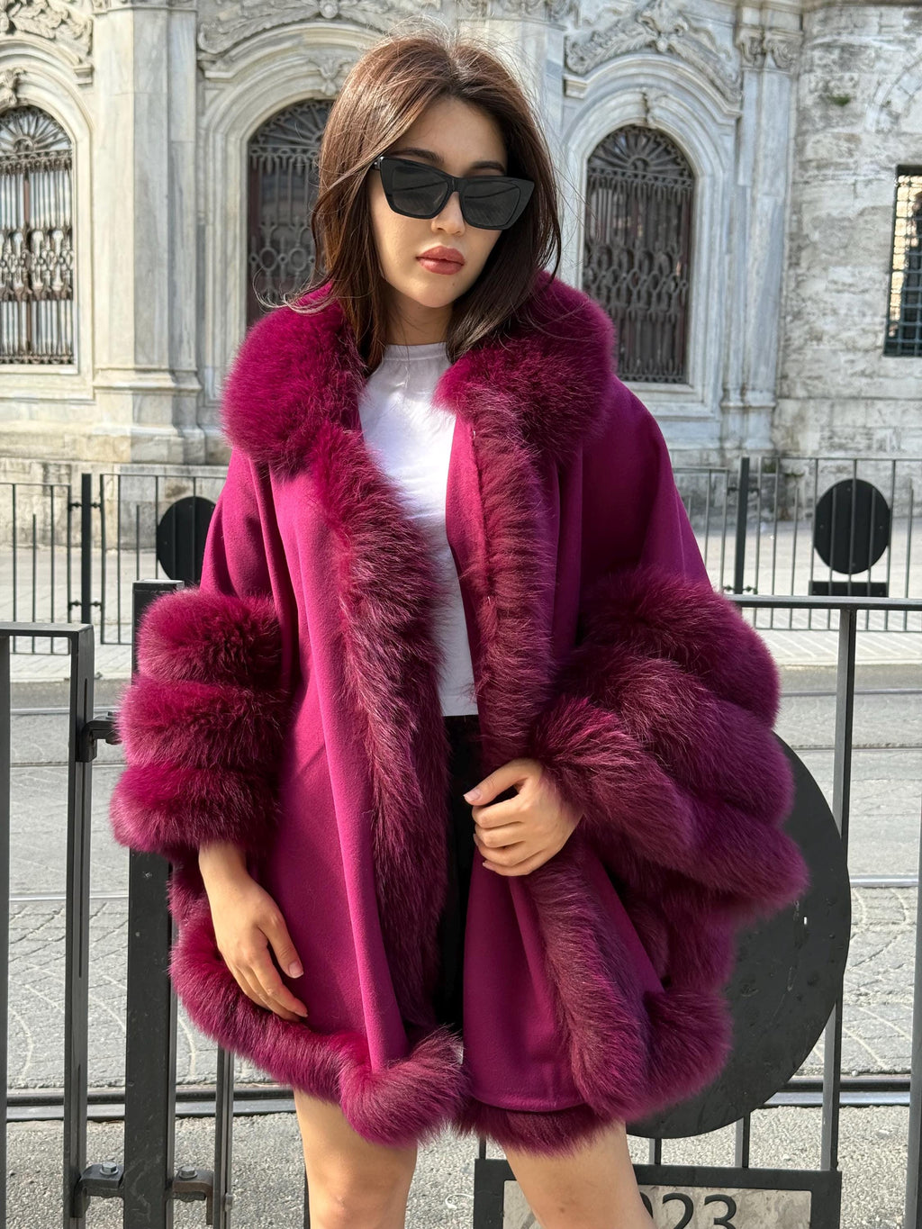 Burgundy Cashmere Cape with Fox Fur Trim: Handmade Luxury Winter Wool Shawl