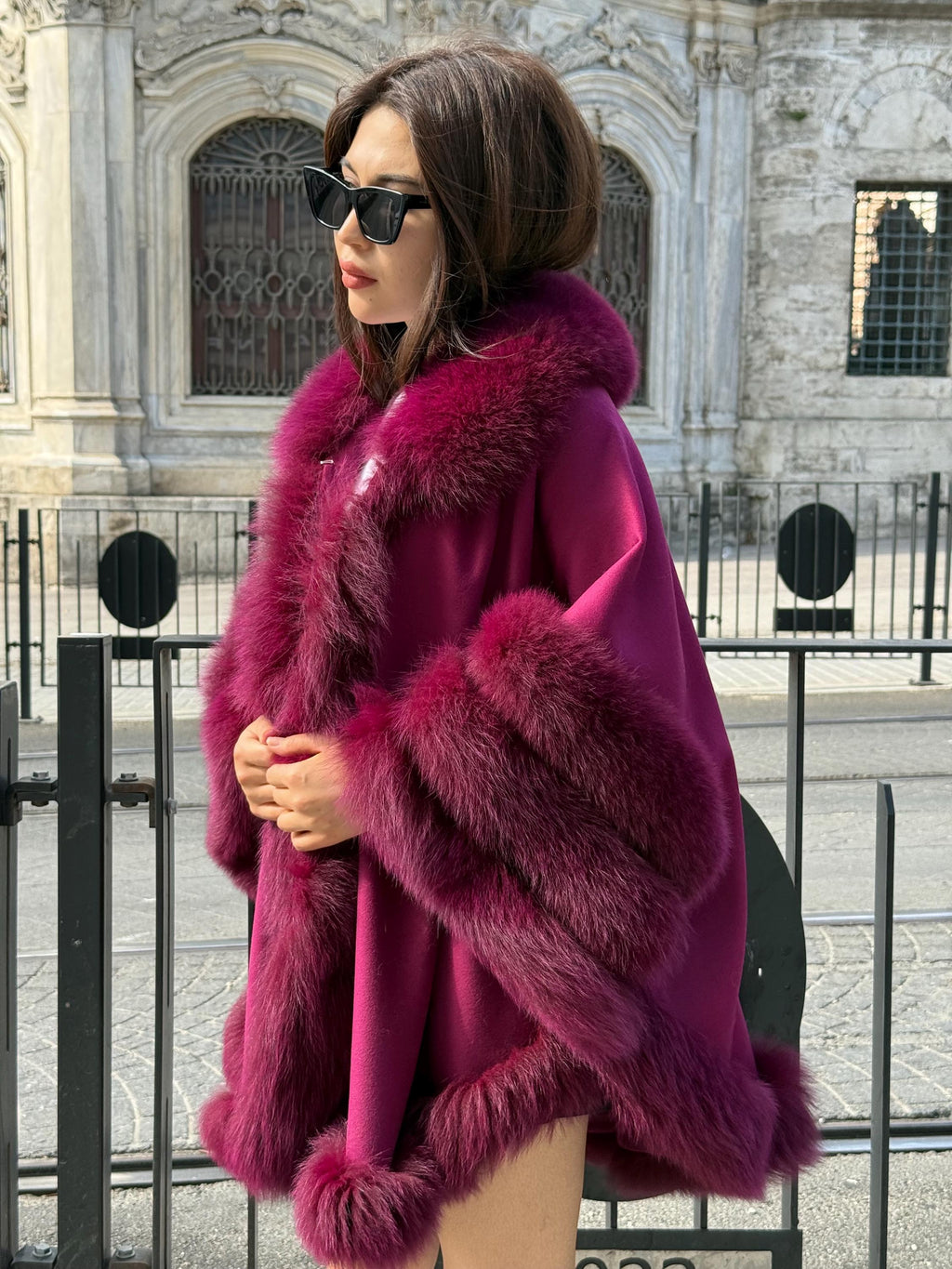 Burgundy Cashmere Cape with Fox Fur Trim: Handmade Luxury Winter Wool Shawl