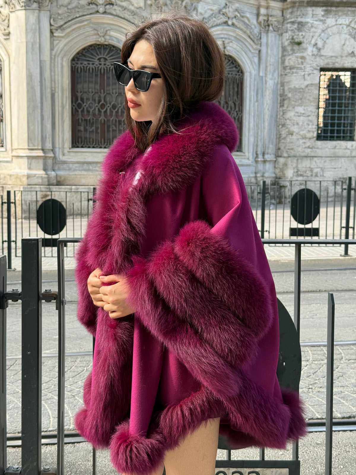 Burgundy Cashmere Cape with Fox Fur Trim: Handmade Luxury Winter Wool Shawl