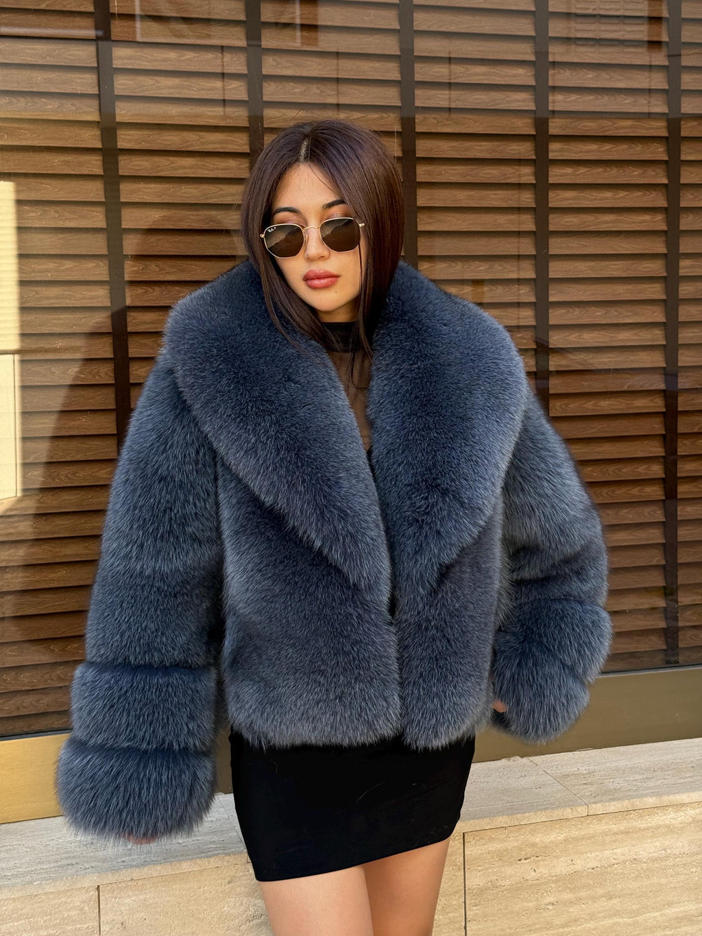 Women’s Anthracite Fox Fur Jacket, Gray Handmade Short Full Skin Winter Fur Coat
