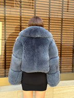 Women’s Anthracite Fox Fur Jacket, Gray Handmade Short Full Skin Winter Fur Coat