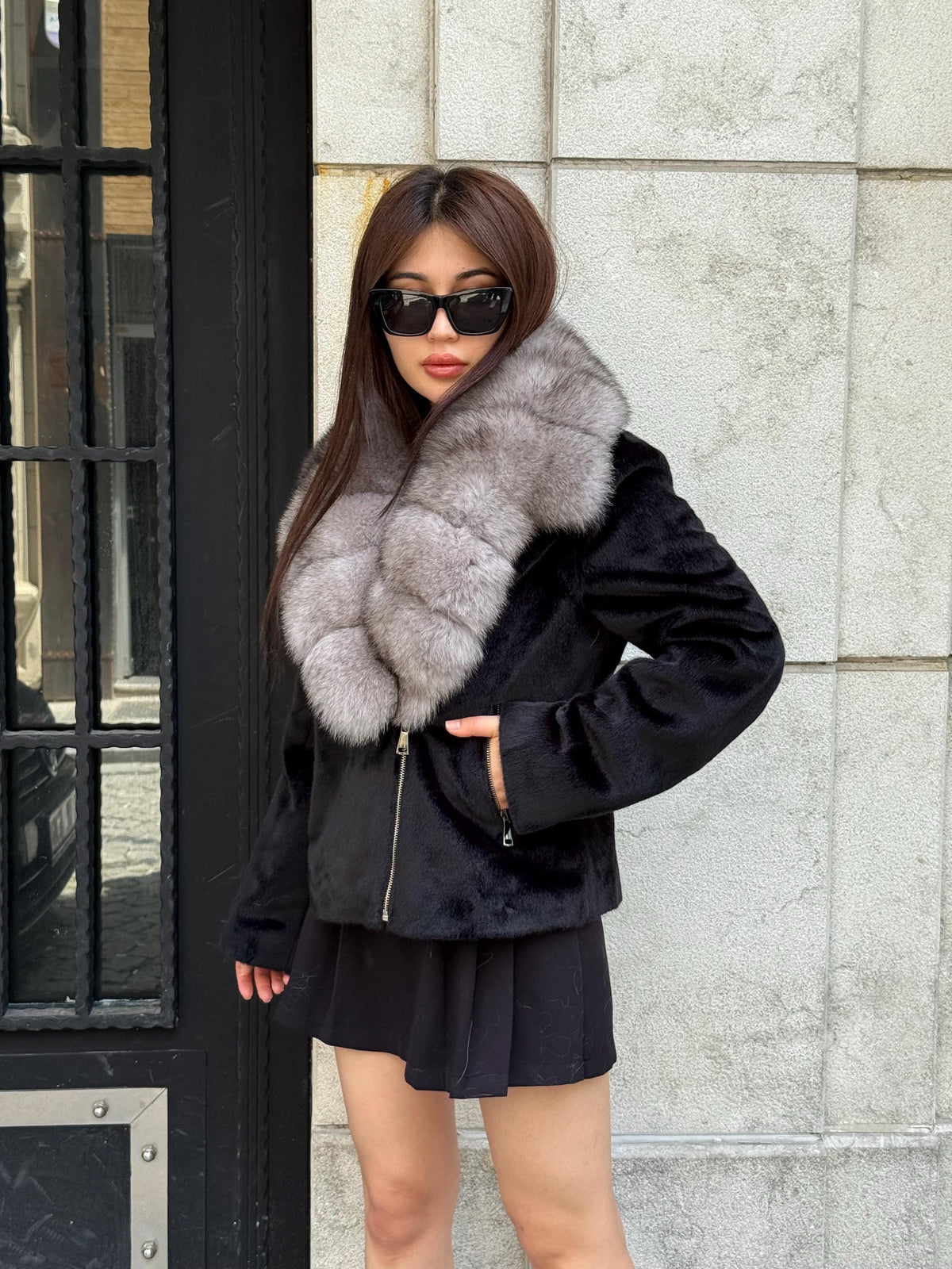 Black Alcantara Short Jacket, Collar Fox Fur Jacket./ Women Fox Fur Jacket.. Genuine Fox Fur