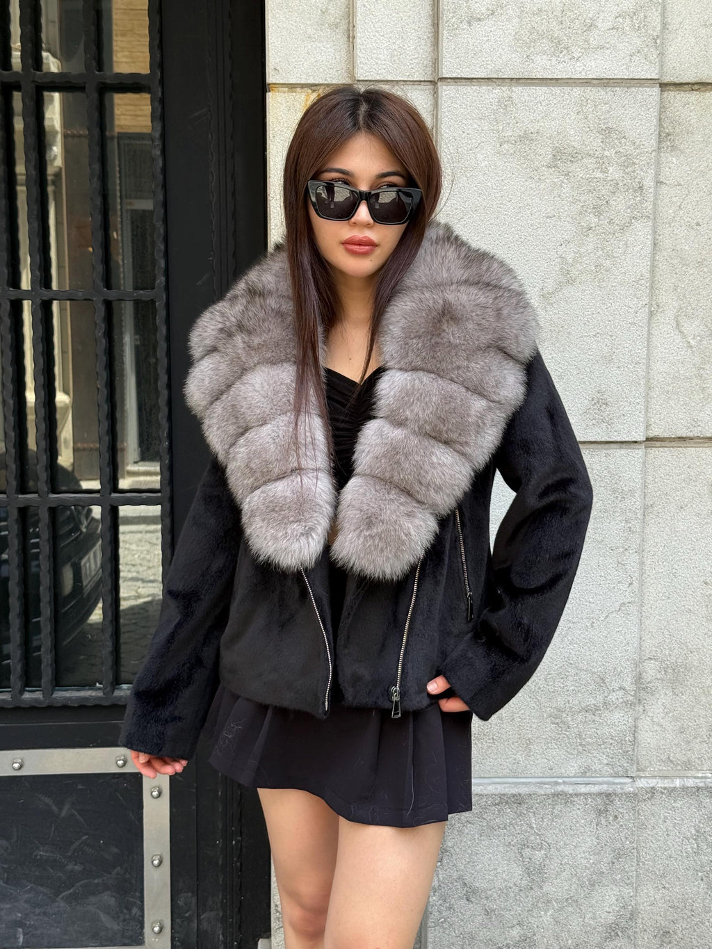 Black Alcantara Short Jacket, Collar Fox Fur Jacket./ Women Fox Fur Jacket.. Genuine Fox Fur