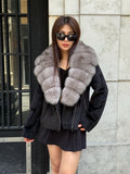 Black Alcantara Short Jacket, Collar Fox Fur Jacket./ Women Fox Fur Jacket.. Genuine Fox Fur