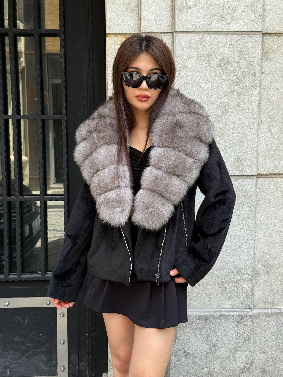 Black Alcantara Short Jacket, Collar Fox Fur Jacket./ Women Fox Fur Jacket.. Genuine Fox Fur