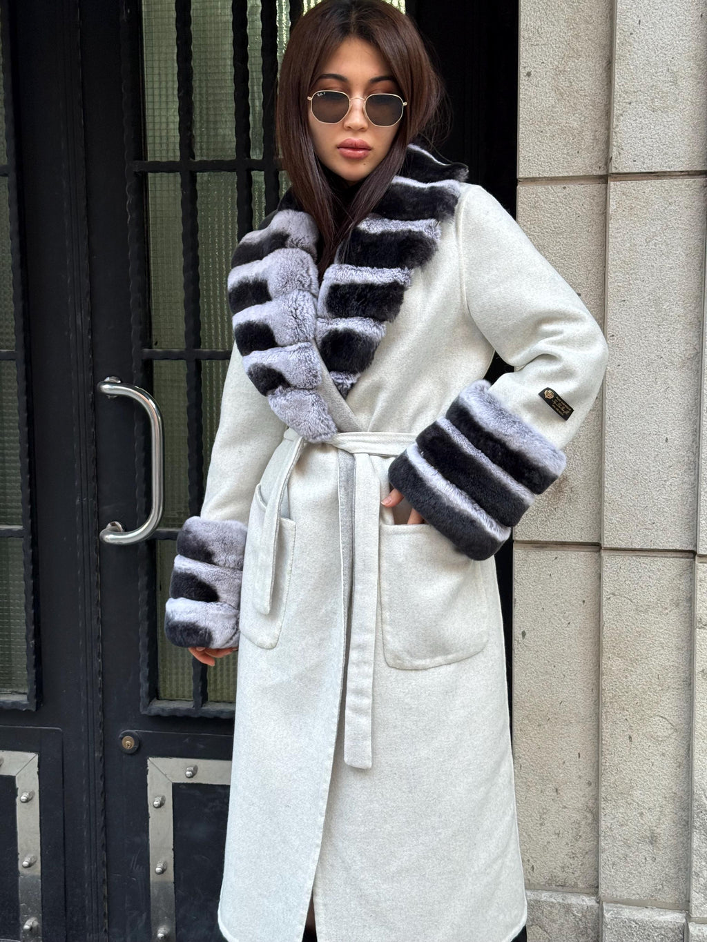 White Long Alpaca Wool Coat Women, Handmade Collar Cuffs Fox Fur Jacket