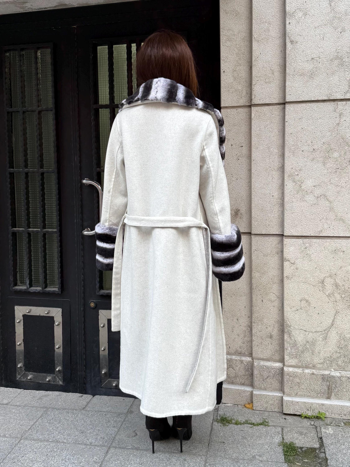White Long Alpaca Wool Coat Women, Handmade Collar Cuffs Fox Fur Jacket
