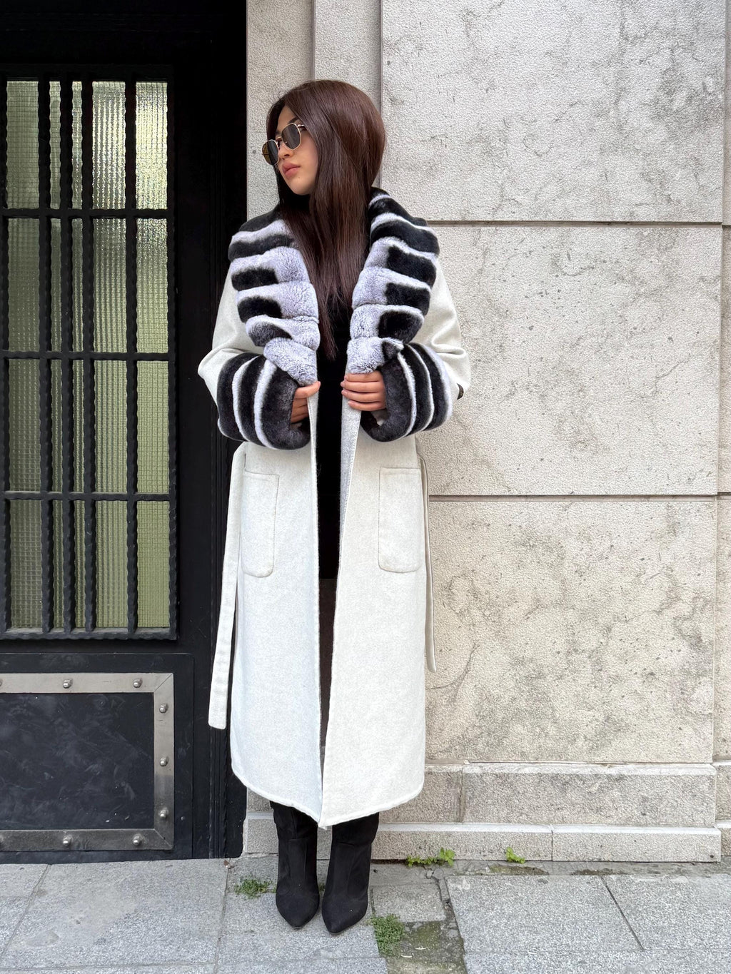 White Long Alpaca Wool Coat Women, Handmade Collar Cuffs Fox Fur Jacket